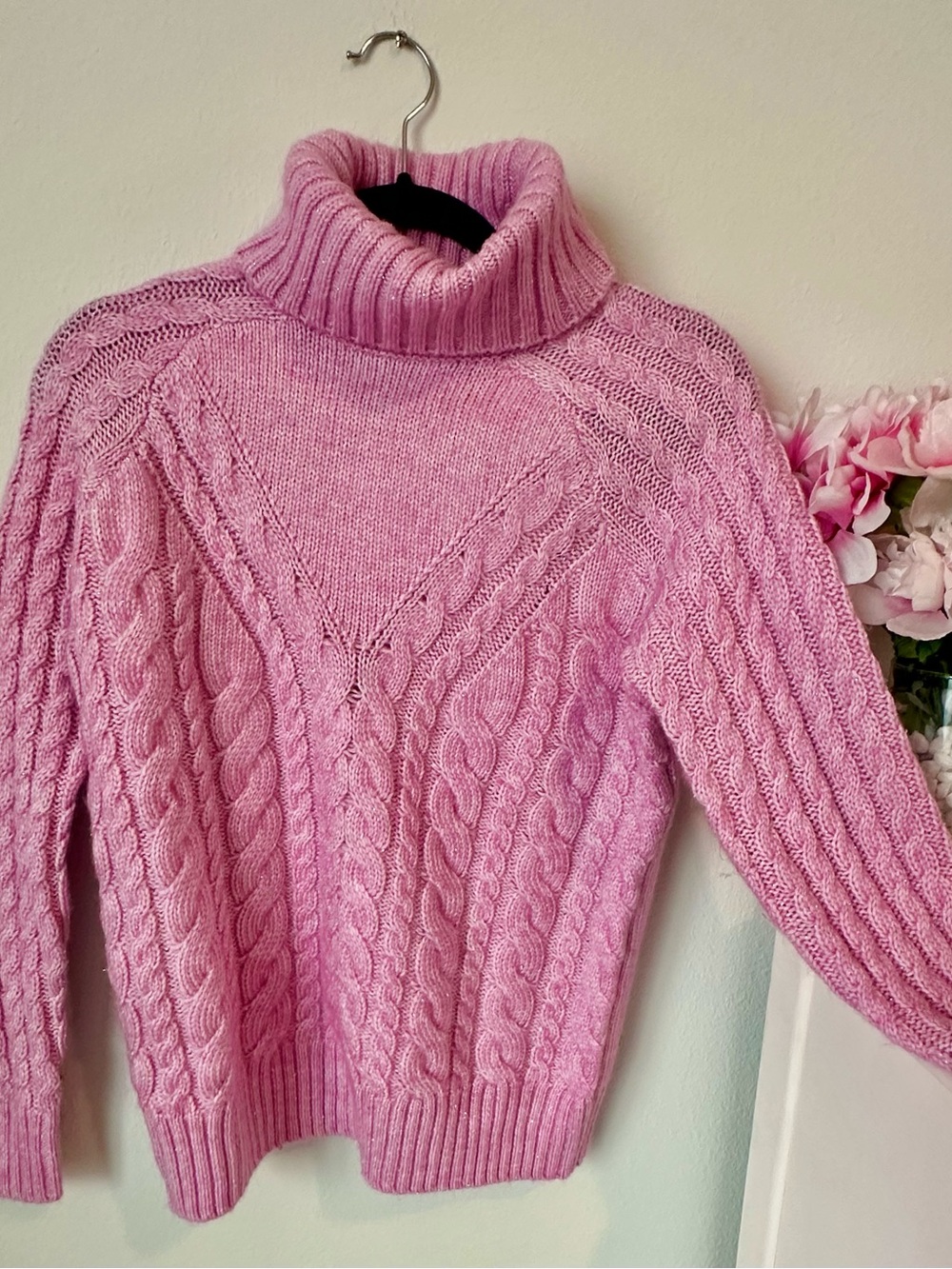Women's Pink Cable Knit Turtleneck Sweater